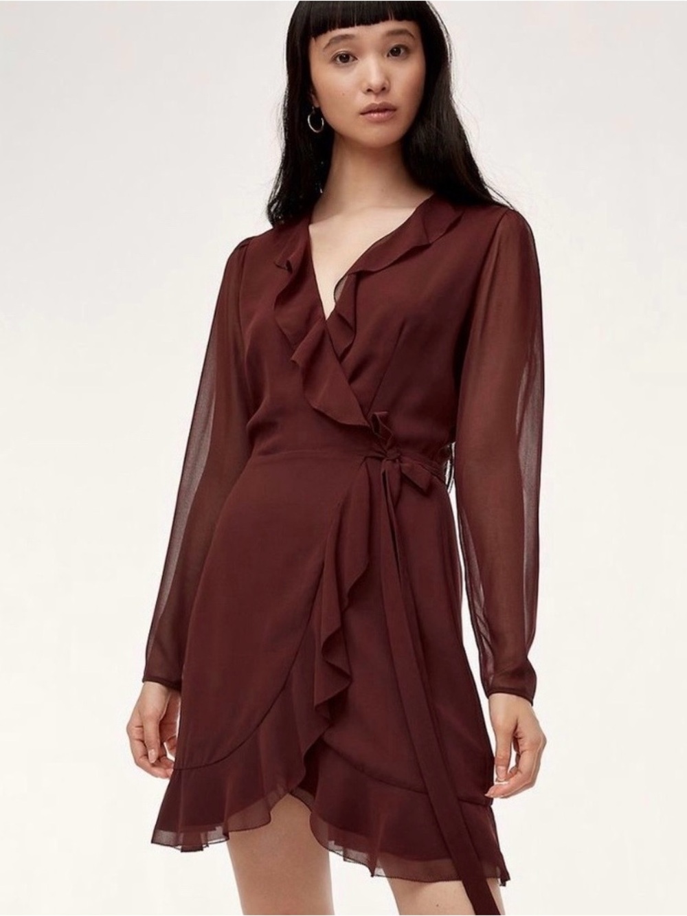 Wilfred Chiffon Ruffle Wrap Dress in Deep Burgundy